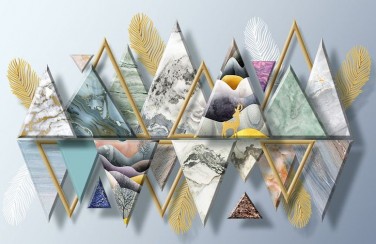3D Ковер «Золотые перья с мраморными треугольниками»