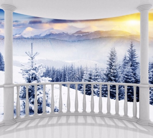 Дорожка на стол с рисунком «Вид с балкона на зимний лес» вид 1