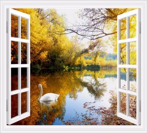 Фотошторы «Окно с видом на озеро с лебедями»