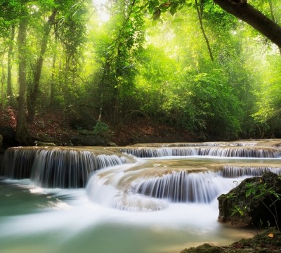 Фотошторы «Водопад в солнечном лесу»