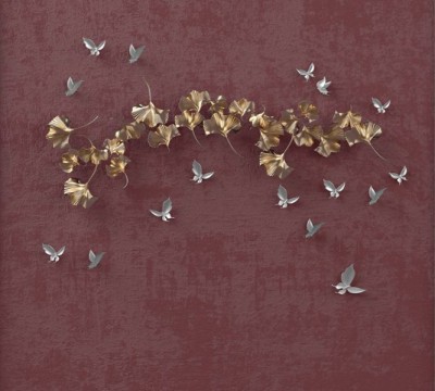 Фотошторы «Серебрянные птички над золотыми зонтиками»