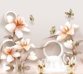 Фотошторы «Объемные орхидеи с бабочками и лебедями»