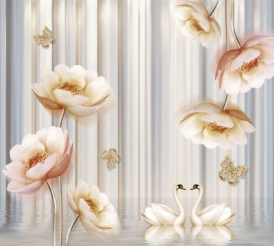 Фотошторы «Лебеди с объемными цветами и бабочками»
