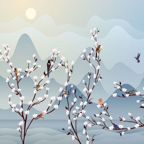 3D Плед «Птичья стайка на цветущих ветвях» вид 2