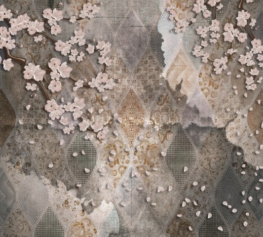 Трикотажный плед «Ветви сакуры на винтажном фоне» вид 2
