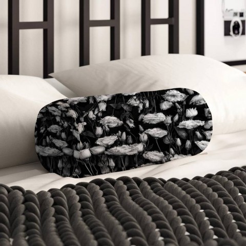 Тканевая подушка в форме валика «Цветы на темной ткани»