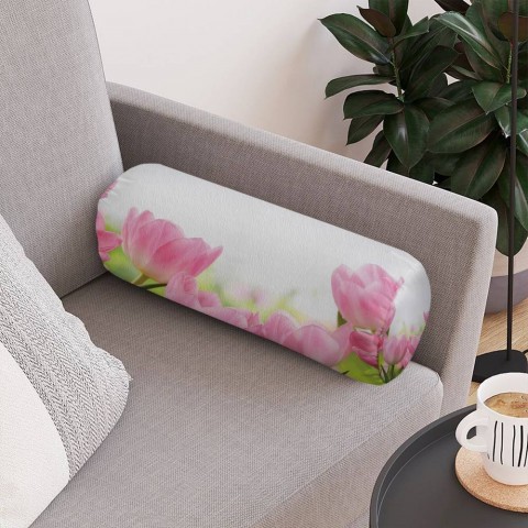 Тканевая подушка в форме валика «Нежные розовые тюльпаны» вид 4