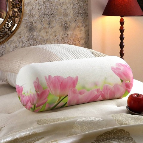 Тканевая подушка в форме валика «Нежные розовые тюльпаны» вид 5