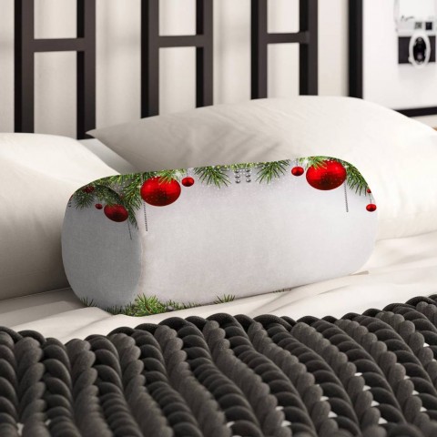Декоративная вытянутая подушка «Новогодний фон с красными игрушками» вид 2