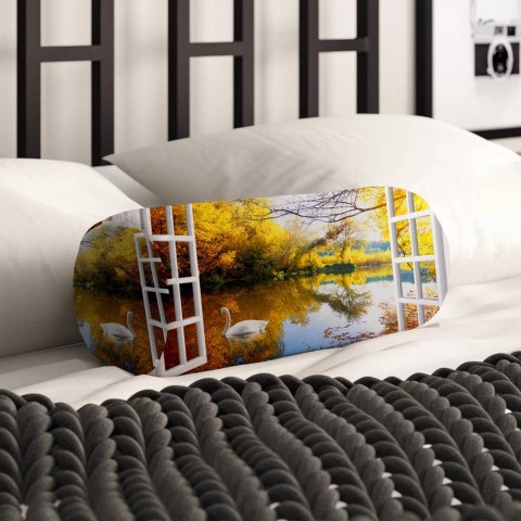Тканевая подушка в форме валика «Окно с видом на озеро с лебедями» вид 2