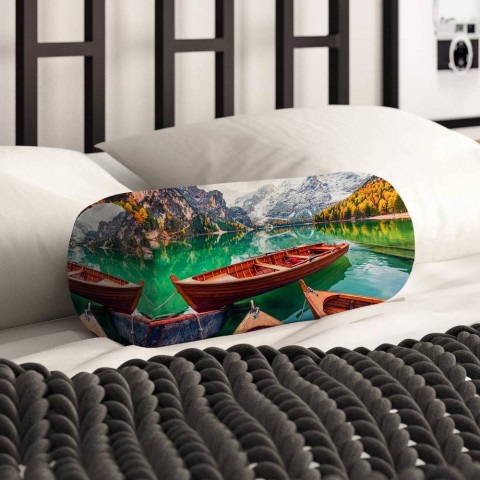 Интерьерная подушка в форме валика «Лодочки на горном озере» вид 2