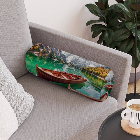 Интерьерная подушка в форме валика «Лодочки на горном озере» вид 4