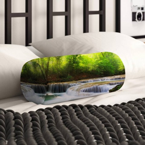 Интерьерная подушка колбаска «Водопад в солнечном лесу» вид 2