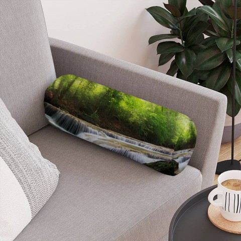 Интерьерная подушка колбаска «Водопад в солнечном лесу» вид 4
