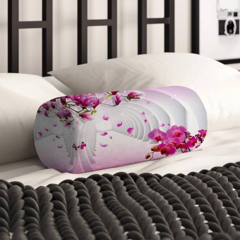 Интерьерная подушка валик «Объемные колонны с цветами» вид 2