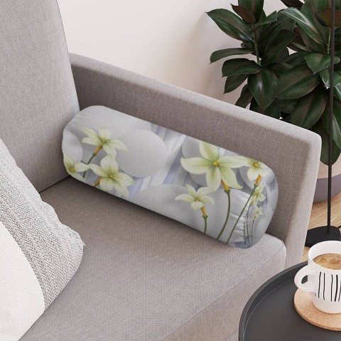 Декоративная подушка валик «Нежно-салатовые цветы на объемном фоне» вид 4