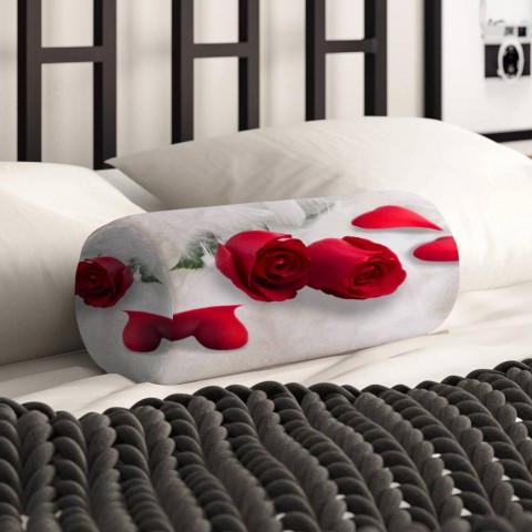 Тканевая подушка в форме валика «Красные розы в перьях» вид 2
