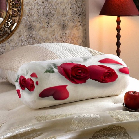 Тканевая подушка в форме валика «Красные розы в перьях» вид 5