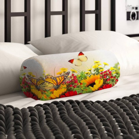 Тканевая подушка подголовник «Бабочки над яркими цветами» вид 2