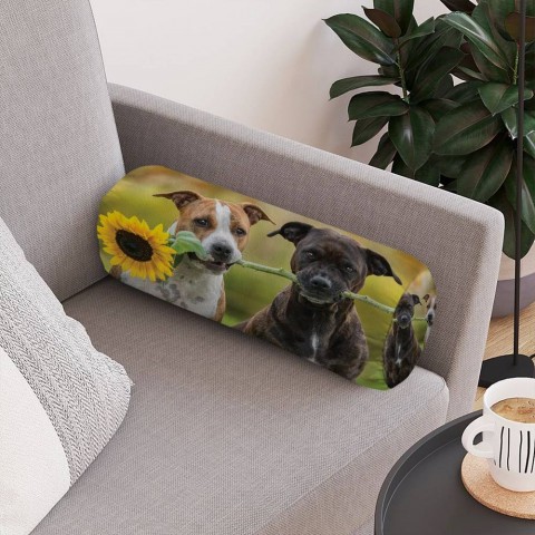 Декоративная подушка валик «Псы с подсолнухом» вид 4