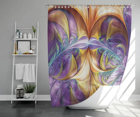 3D штора в ванную комнату «Фиолетово-желтая абстракция» вид 5