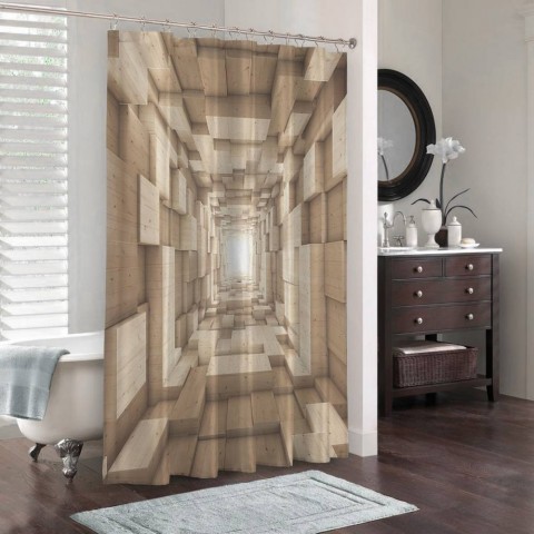 3D штора в ванную «Тоннель из древесных кубов» вид 3