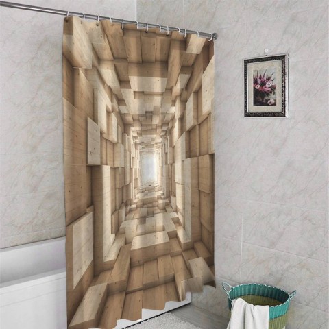 3D штора в ванную «Тоннель из древесных кубов» вид 4