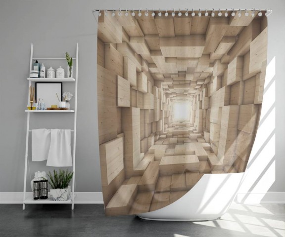 3D штора в ванную «Тоннель из древесных кубов» вид 5