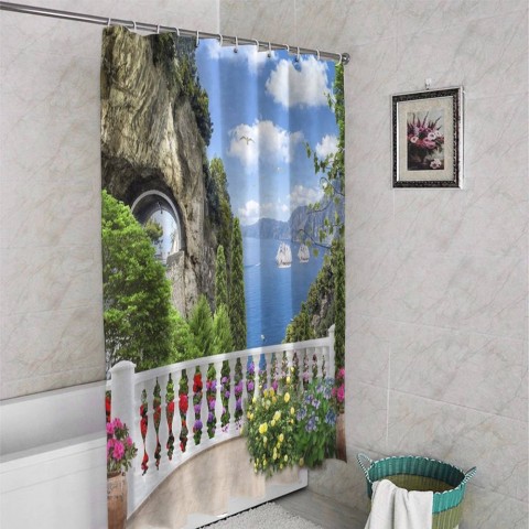 3D штора для ванны «Античный балкон с видом на парусники в заливе» вид 4
