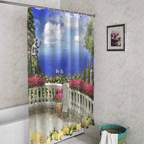 3D шторка для ванной «Античный балкон с видом на синий океан» вид 4