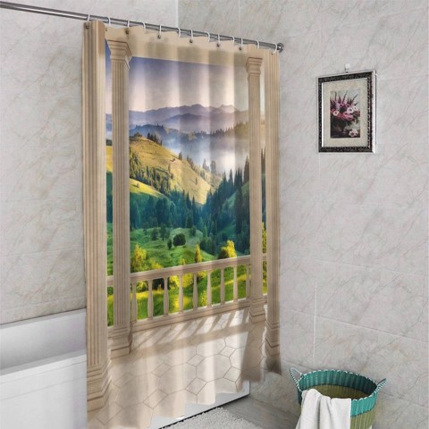 3D шторка для ванны «Балкон с видом на альпийское утро» вид 4