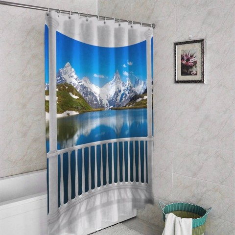 3D занавеска в ванную комнату «Балкон с видом на горы» вид 4