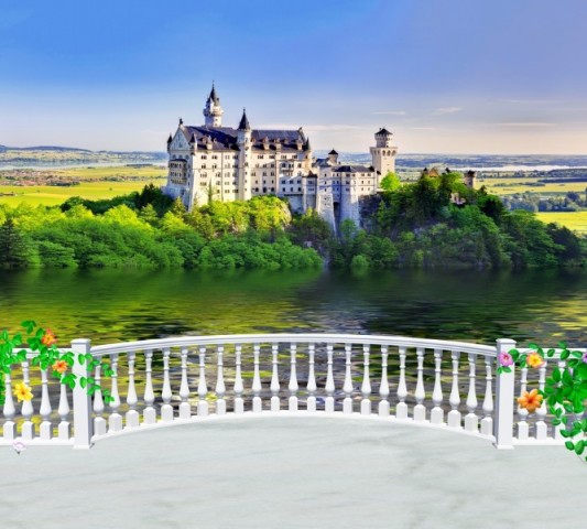 3D фотоштора для ванной «Балкон с видом на замок» вид 2