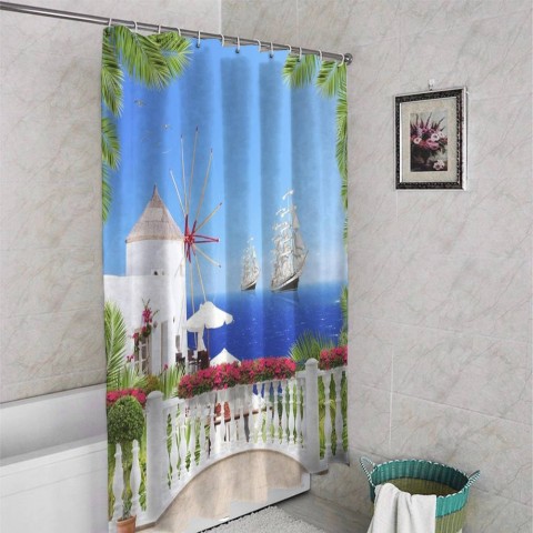 3D штора в ванную «Балкон с видом на корабли» вид 4
