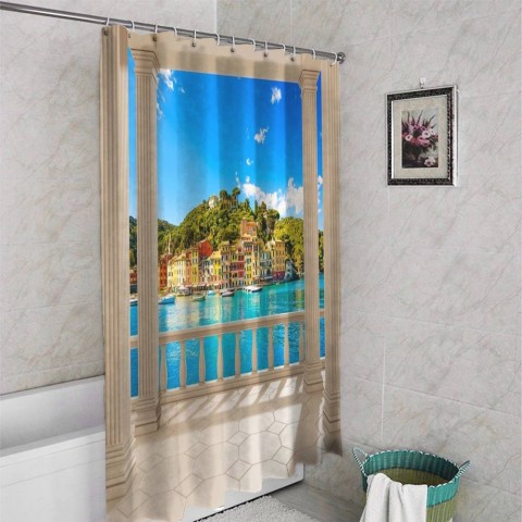 3D штора в ванную комнату «Балкон с видом на средиземноморский город» вид 4