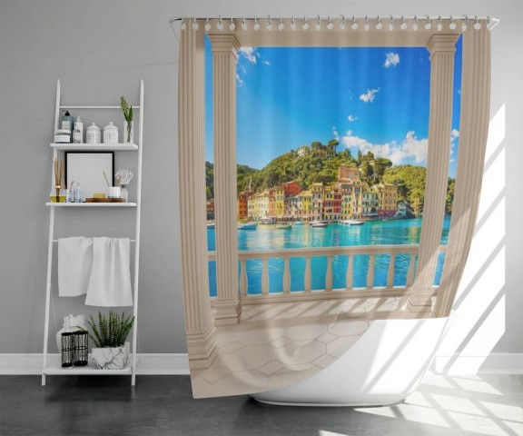 3D штора в ванную комнату «Балкон с видом на средиземноморский город» вид 5