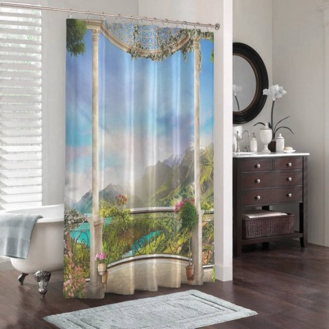 3D шторка для ванной «Рассвет в горной долине» вид 3