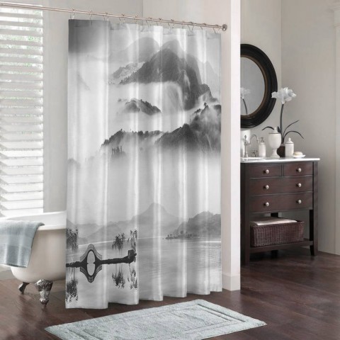 3D штора в ванную комнату «Туманный пейзаж» вид 3