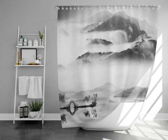 3D штора в ванную комнату «Туманный пейзаж» вид 5