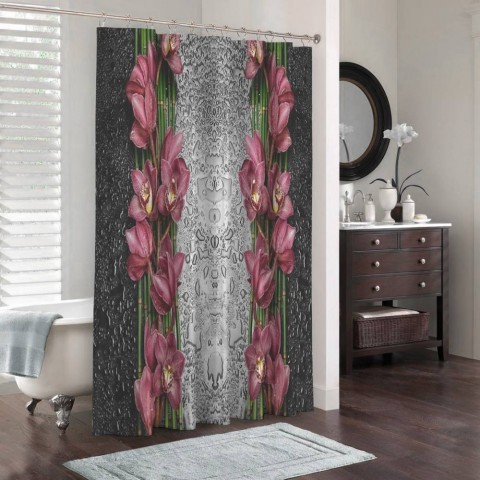 3D занавеска в ванную комнату «Орхидеи в росе» вид 3
