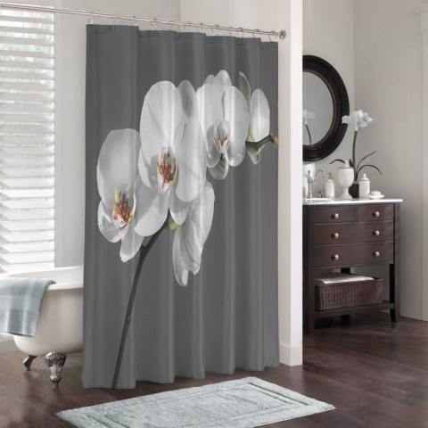 3D штора в ванную «Белая орхидея на сером фоне» вид 3