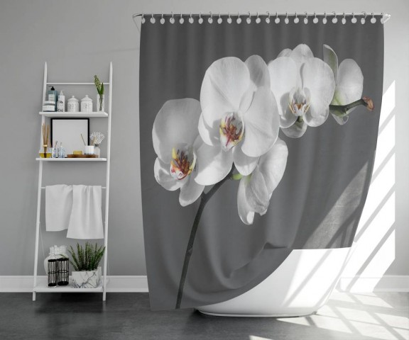 3D штора в ванную «Белая орхидея на сером фоне» вид 5