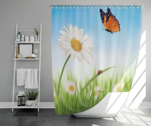 3D штора для ванны «Ромашка и бабочка» вид 5