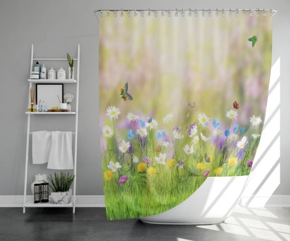 Штора для ванной «Ромашки с бабочками» вид 5