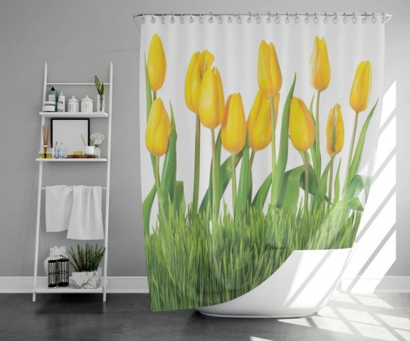 3D штора в ванную комнату «Желтые тюльпаны» вид 5