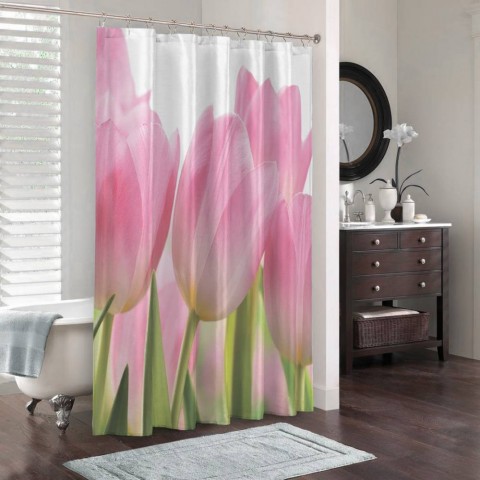 3D штора для ванной «Крупные розовые тюльпаны» вид 3
