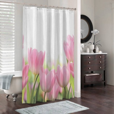 3D фото занавеска для ванной «Нежные розовые тюльпаны» вид 3