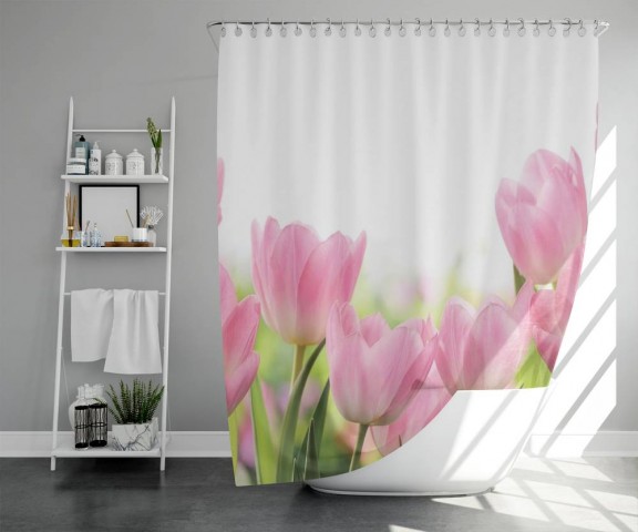 3D фото занавеска для ванной «Нежные розовые тюльпаны» вид 5