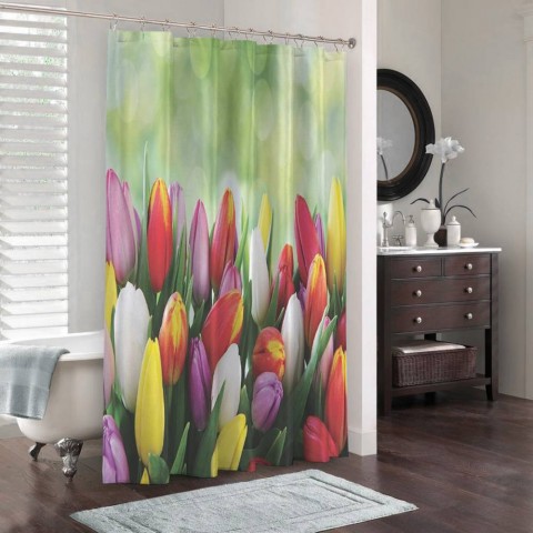 3D шторка для ванной «Разноцветные тюльпаны» вид 3