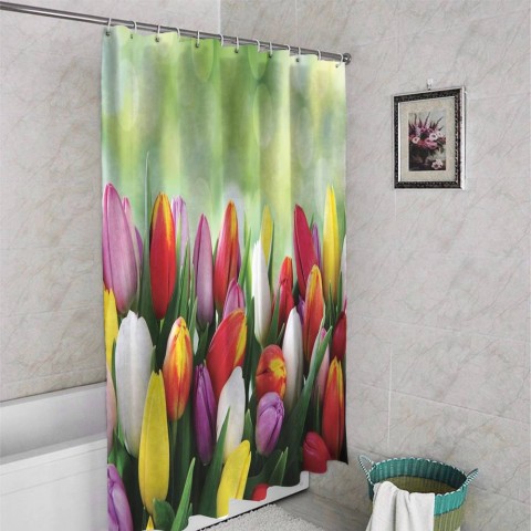 3D шторка для ванной «Разноцветные тюльпаны» вид 4